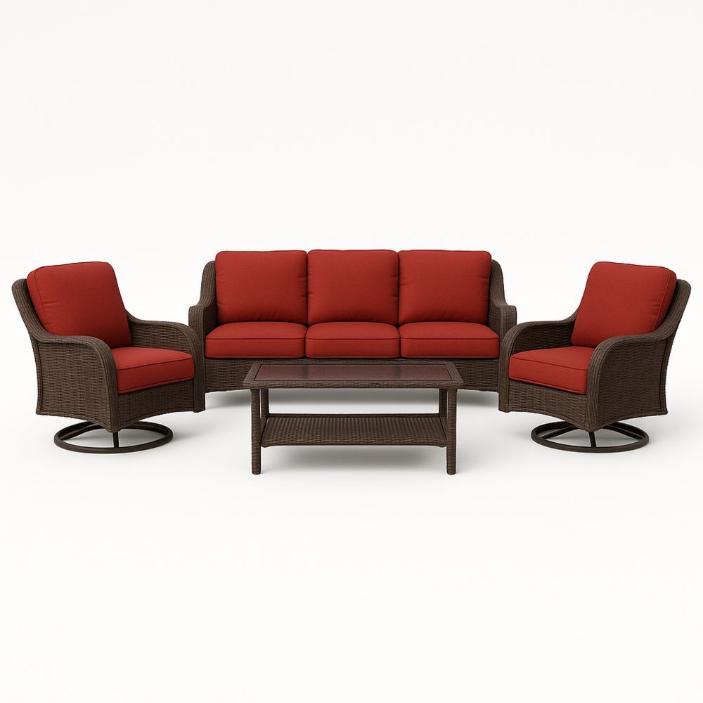 Hagesofasett med rotting og rød polyesterputer-havremoderne