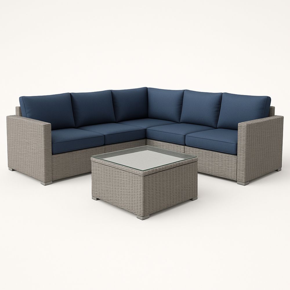 Utendørs møbelsett med hjørnesofa i rotting og polyester blå, inkludert bord 260x260 cm-havremoderne