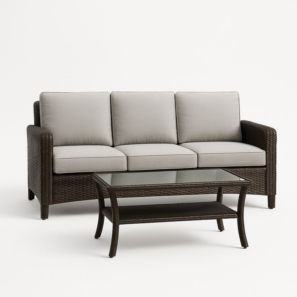 Utendørs møbelsett med 3-seters hagesofa i polyetylen rotting, grå puter og glassbord-havremoderne