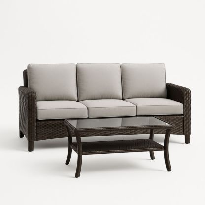 Utendørs møbelsett med 3-seters hagesofa i polyetylen rotting, grå puter og glassbord-havremoderne