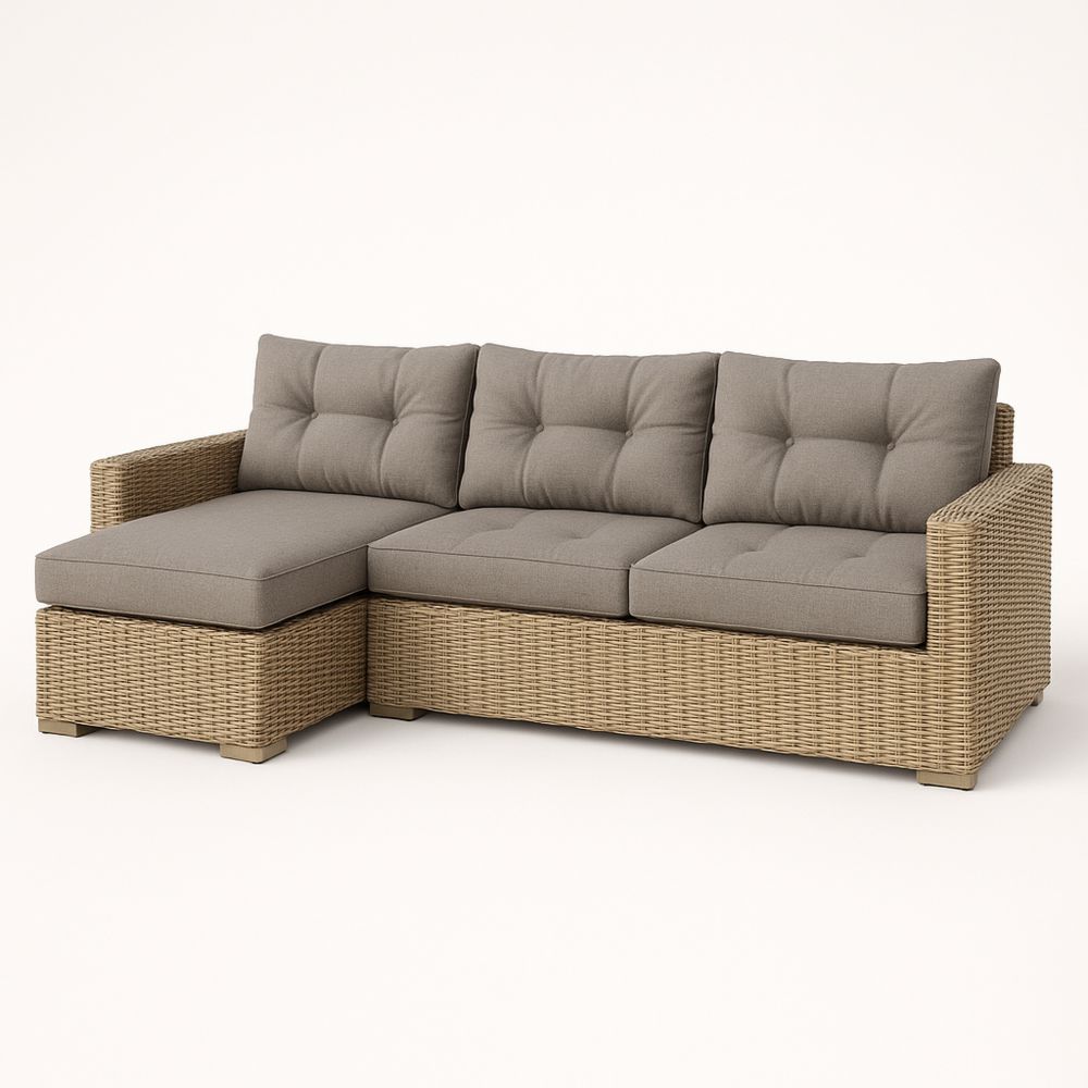 Utendørs hjørnesofa i rotting med grå puter-havremoderne