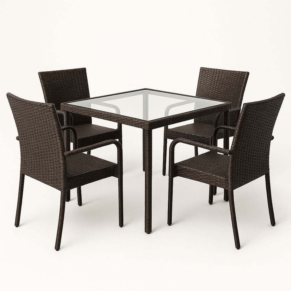 Hagemøbelsett i rotting med glassbord og fire stoler-havremoderne