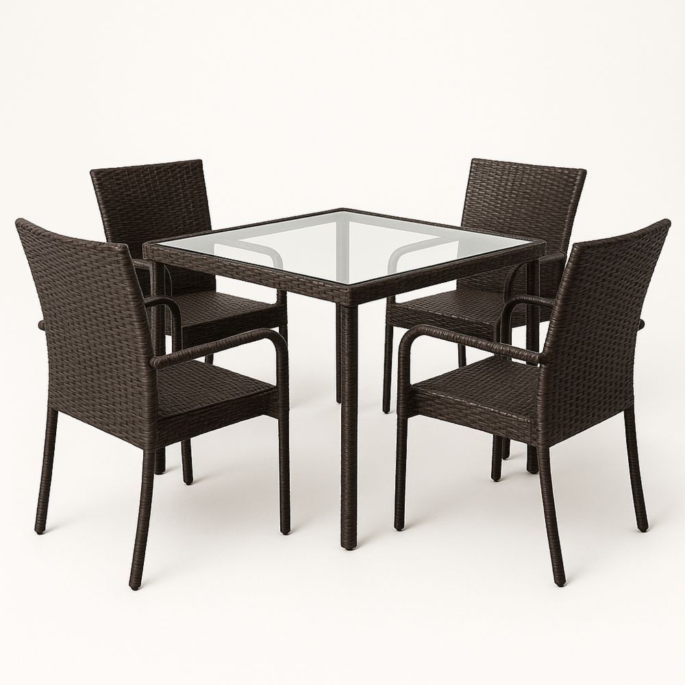 Hagemøbelsett i rotting med glassbord og fire stoler-havremoderne