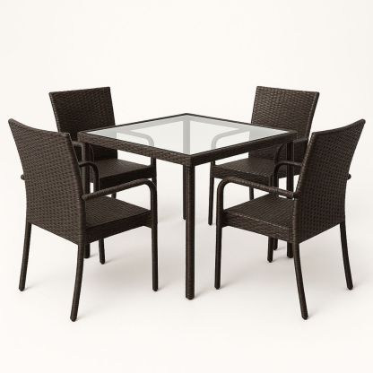 Hagemøbelsett i rotting med glassbord og fire stoler-havremoderne