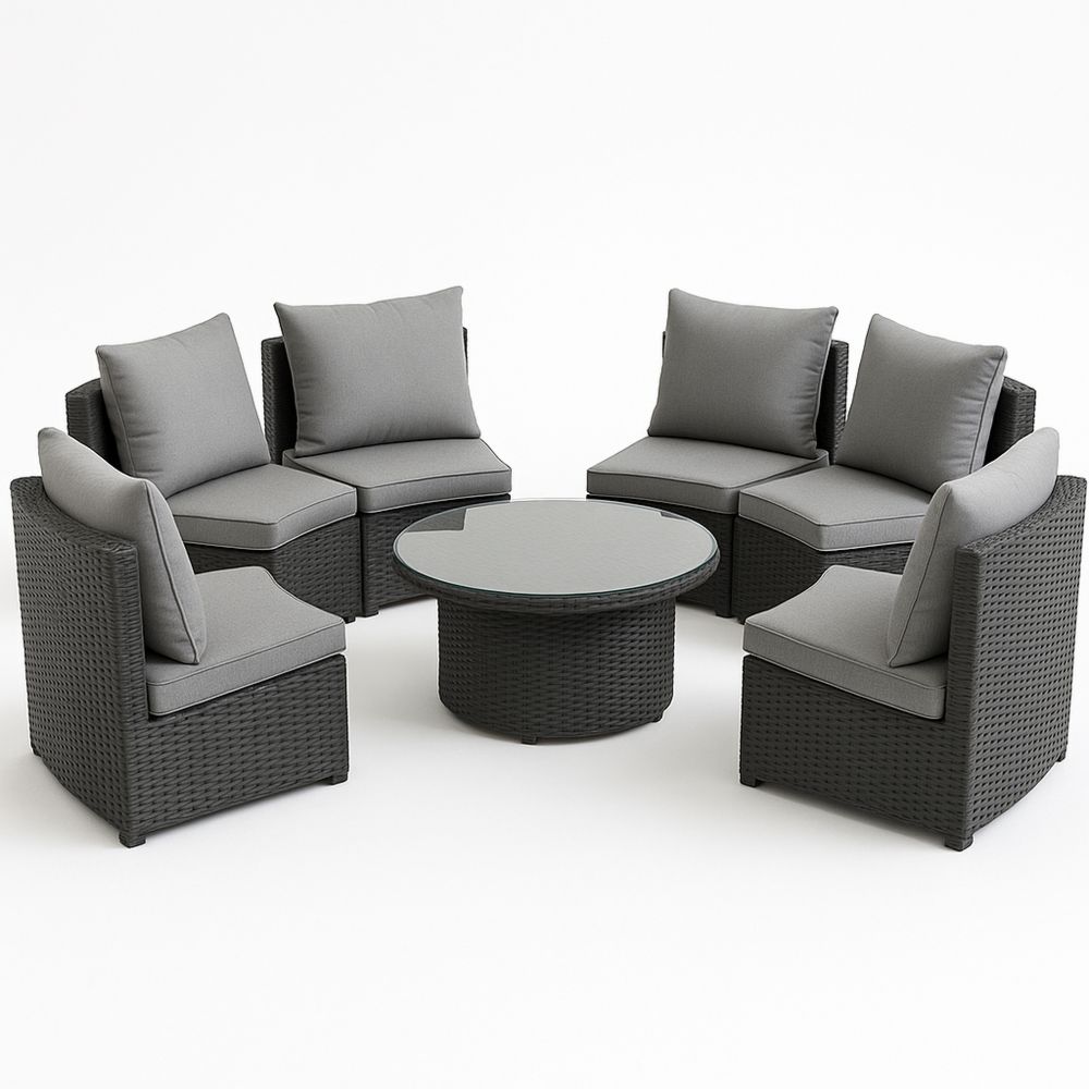 Hagemøbelsett i rotting med glassbord og grå puter-havremoderne