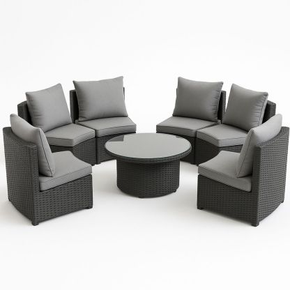 Hagemøbelsett i rotting med glassbord og grå puter-havremoderne