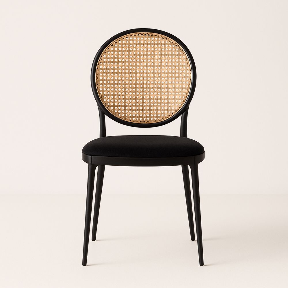 Spisestuestol i metall med rottingrygg og svart sete-havremoderne