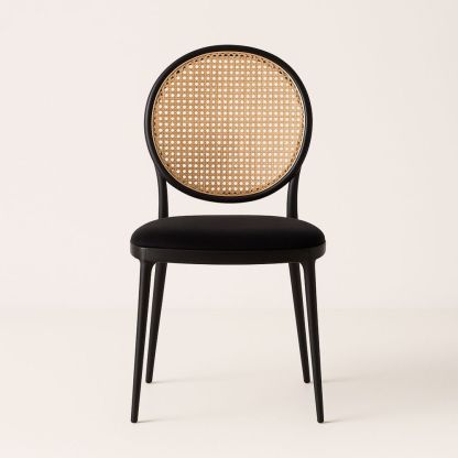 Spisestuestol i metall med rottingrygg og svart sete-havremoderne