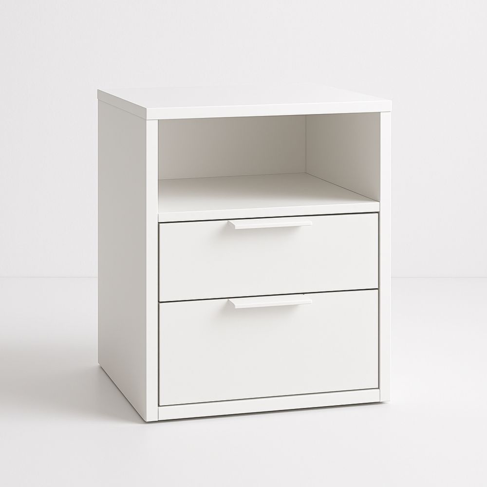 Nattbord i sponplate med skuffer og hylle-havremoderne