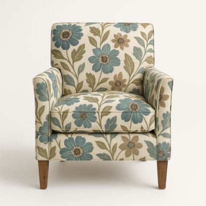 Blomstrete lenestol i tre og polyester-havremoderne