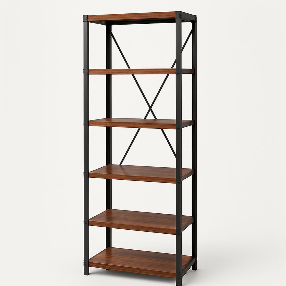 Bokhylle med metallramme og trehyller, 5 nivåer, brun/svart, 180x90x35 cm-havremoderne