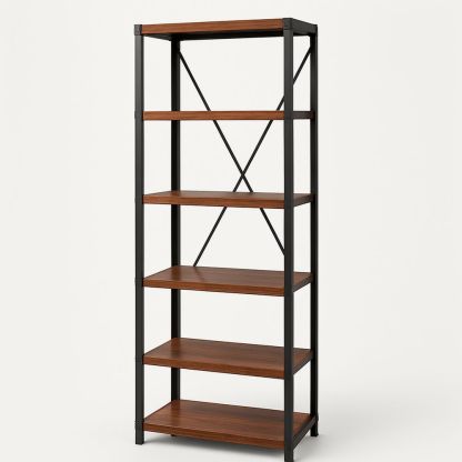 Bokhylle med metallramme og trehyller, 5 nivåer, brun/svart, 180x90x35 cm-havremoderne