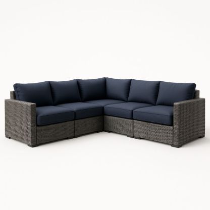 Utendørs hjørnesofa i kunstrotting med polyesterputer marineblå 195x71x195 cm-havremoderne