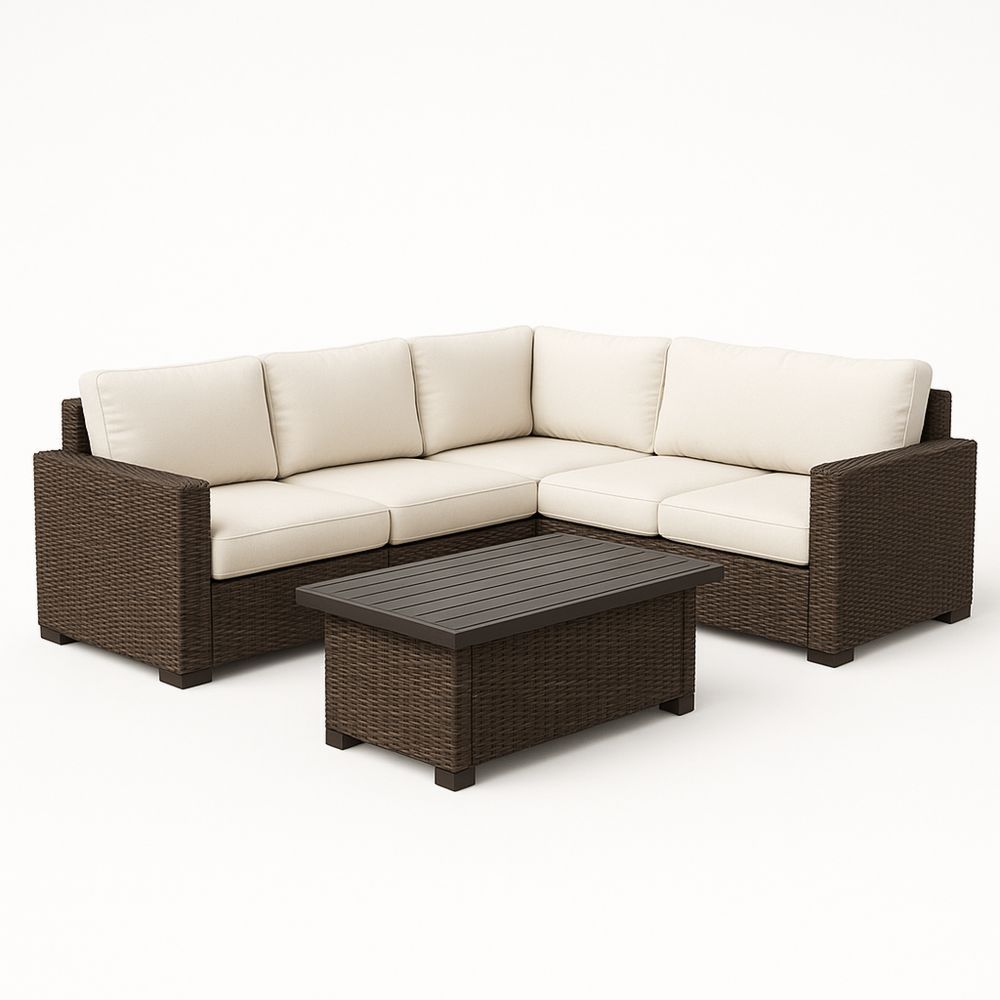 Utendørs møbelsett med hjørnesofa i kunstrotting, avtakbare polyesterputer krem og bord brun 220x220-havremoderne