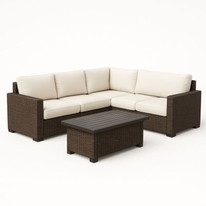 Utendørs møbelsett med hjørnesofa i kunstrotting, avtakbare polyesterputer krem og bord brun 220x220-havremoderne