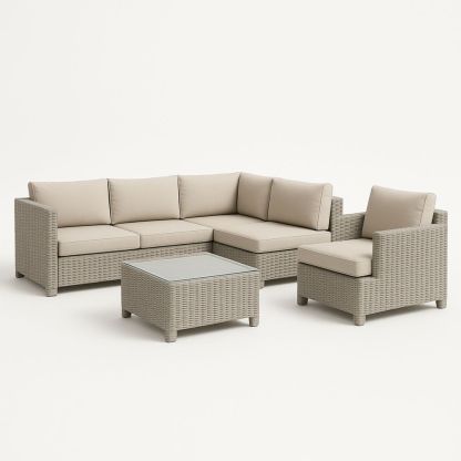 Utendørs loungesett i polyrotting med beige puter-havremoderne