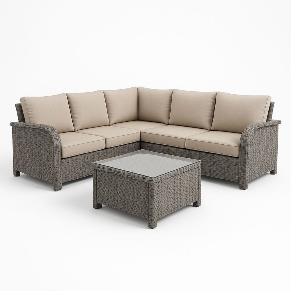 Hjørnesofa sett i polyrotting med puter grå lys brun utendørs-havremoderne