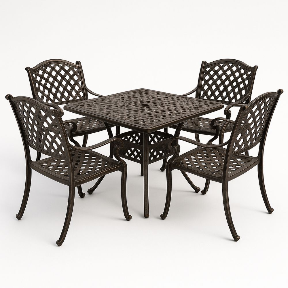 Hagemøbelsett i aluminium brun med firkantet bord og fire stoler-havremoderne