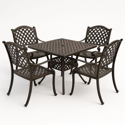 Hagemøbelsett i aluminium brun med firkantet bord og fire stoler-havremoderne