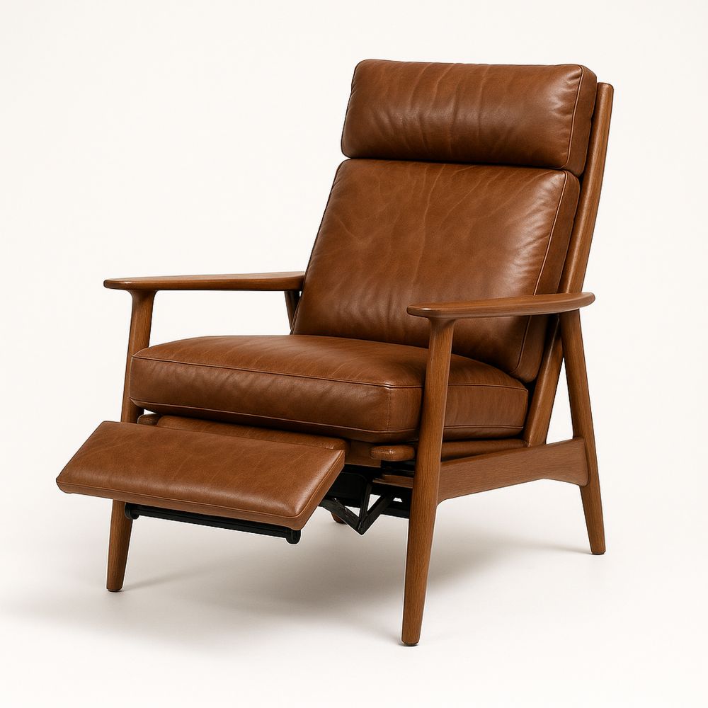 Brun skinn hvilestol i eik med recliner-havremoderne