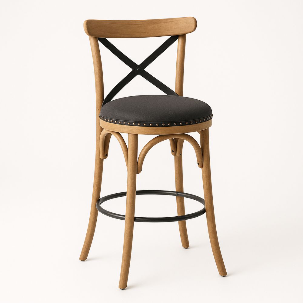 Barstol i eik med sort polstret sete-havremoderne