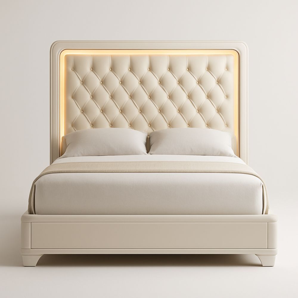 Dobbeltseng med Skumfyllt Stoff LED Belysning MDF Beige 180x200 cm-havremoderne