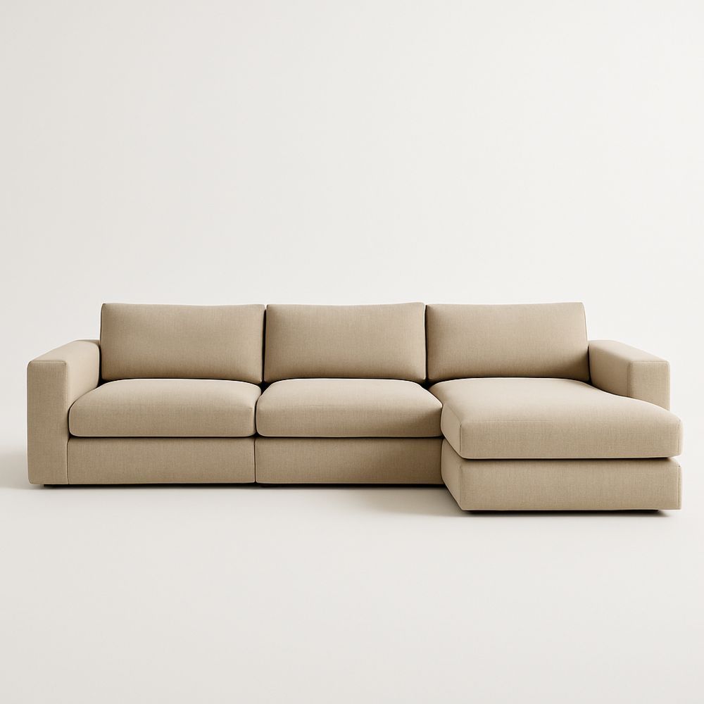 Beige hjørnesofa i stoff med høyre chaiselong 300x150x85 cm-havremoderne