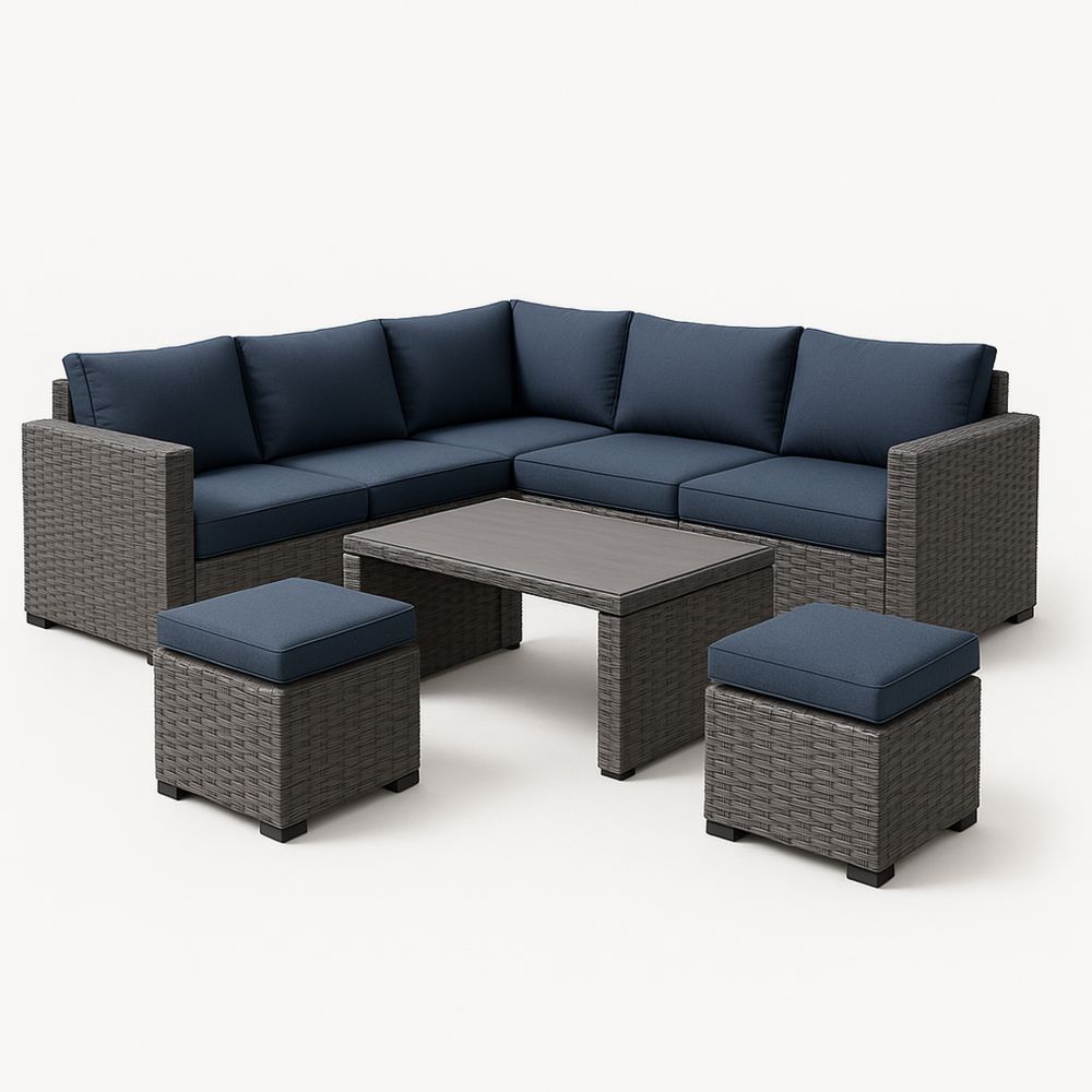 Utendørs hjørnesofa sett i rotting og polyester blå 5 seters-havremoderne