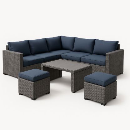 Utendørs hjørnesofa sett i rotting og polyester blå 5 seters-havremoderne