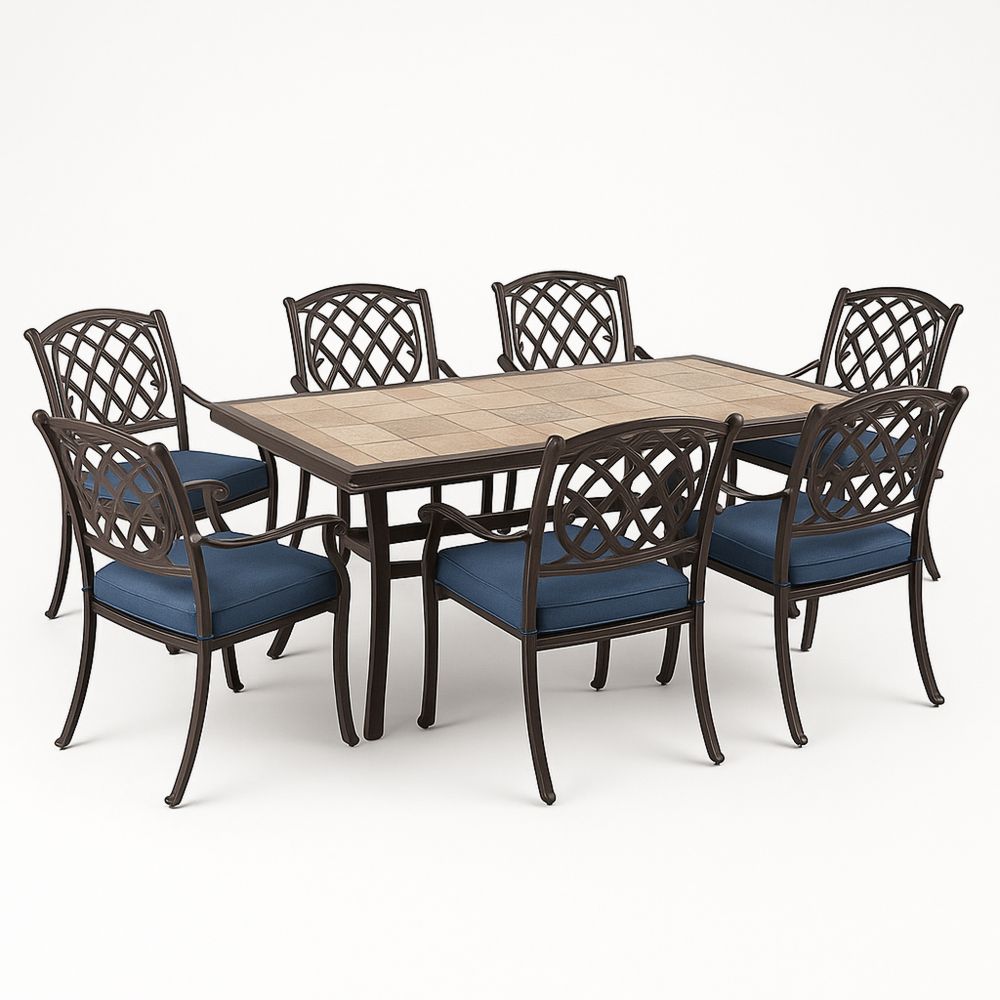 Utendørs møbelsett med bord og 7 stoler i aluminium, keramisk bordplate og blå puter-havremoderne