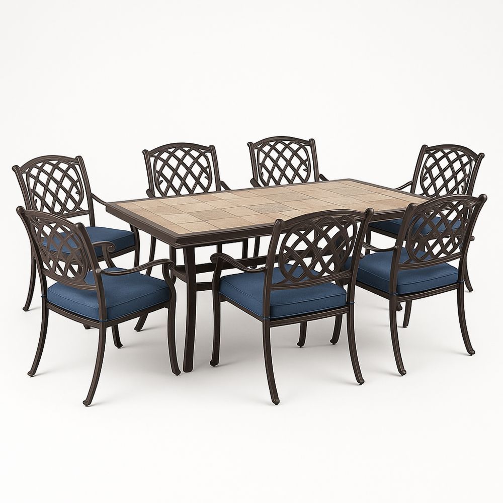 Utendørs møbelsett med bord og 7 stoler i aluminium, keramisk bordplate og blå puter-havremoderne