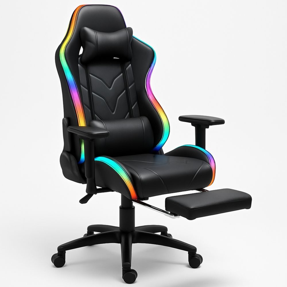 Kontorstol i PU-skinn med LED-lys og fotstøtte, svart-havremoderne