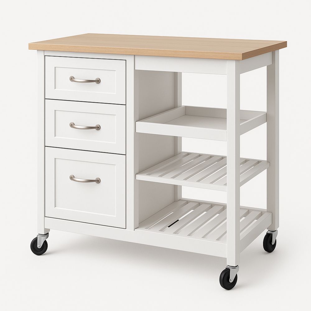 Kjøkkenvogn i tre og MDF med oppbevaring, hvit/eik-havremoderne