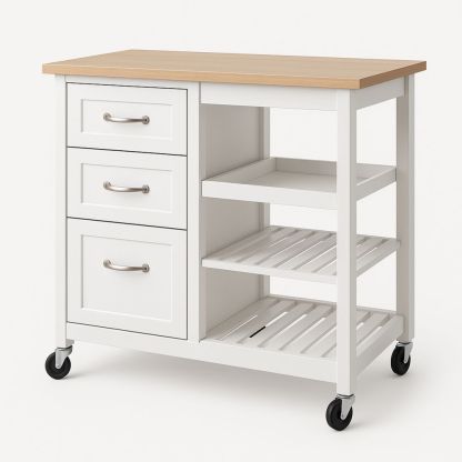 Kjøkkenvogn i tre og MDF med oppbevaring, hvit/eik-havremoderne
