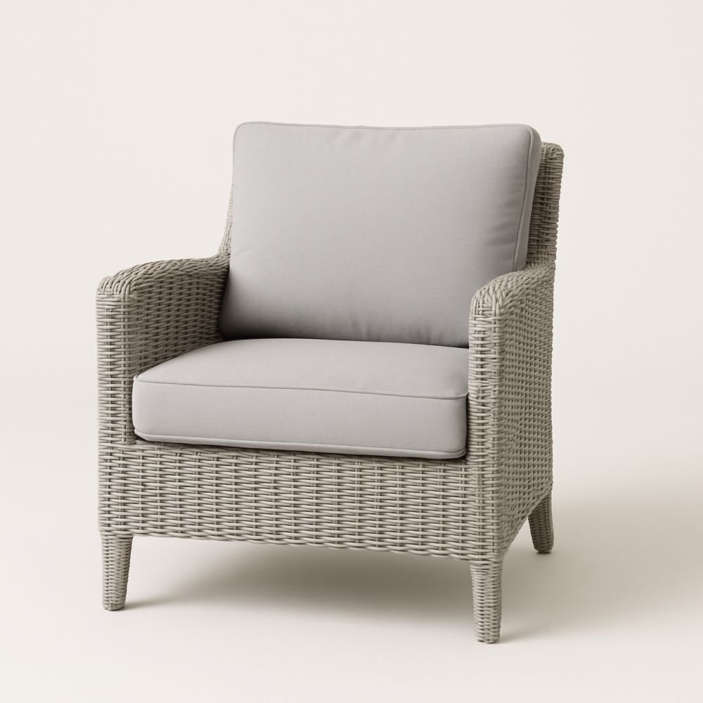 Utearmstol i polyethylene rotting med grå polyester puter-havremoderne