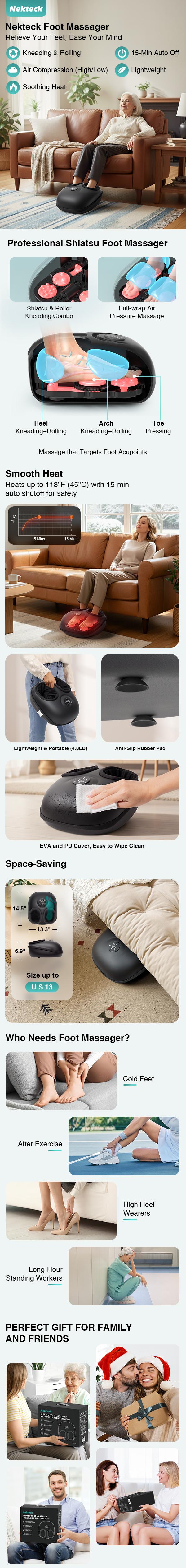 Nekteck Shiatsu Foot Massager Machine with Soothing Heat, Deep Kneading Therapy, Air Compression, Improve Blood Circulation and Foot Wellness Brown