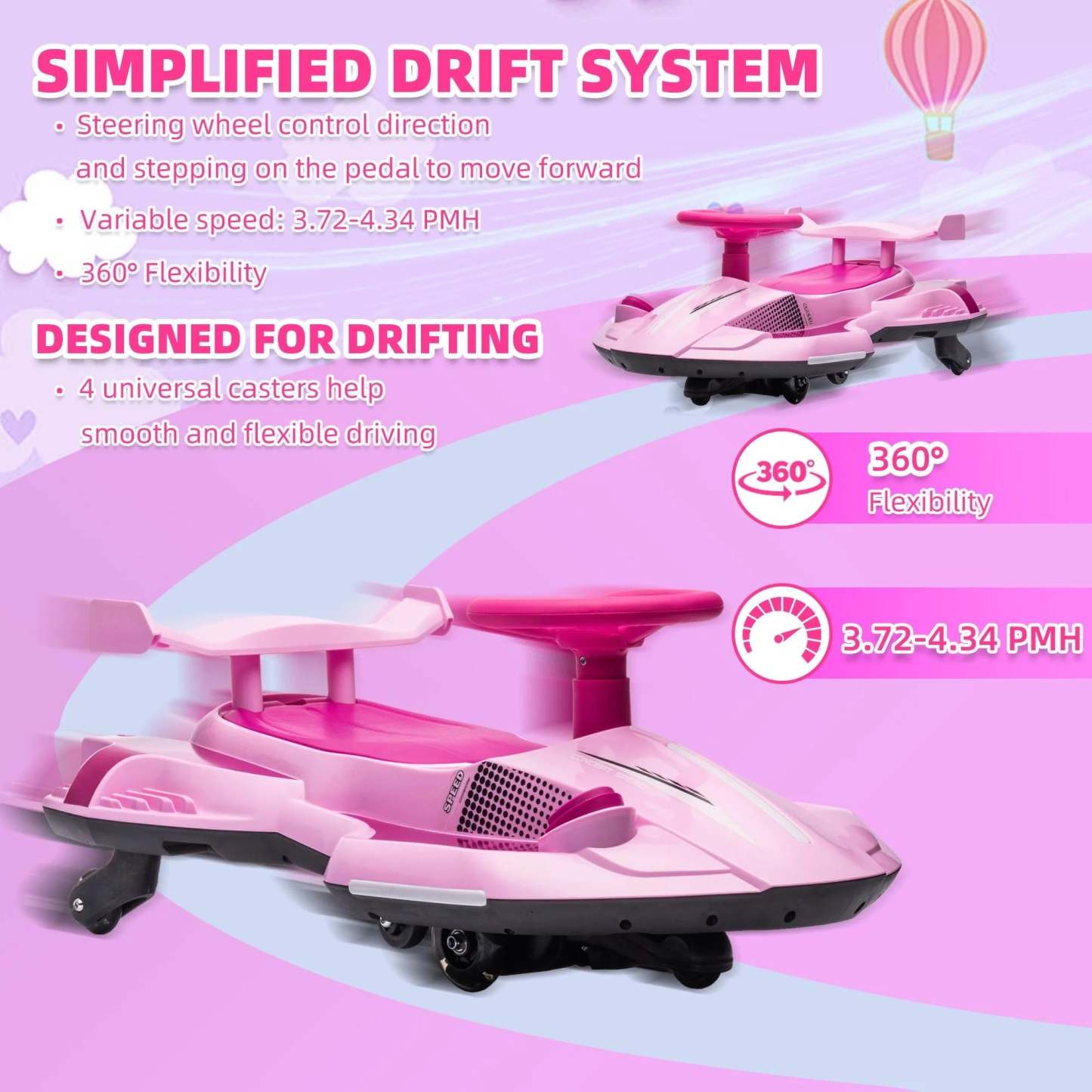 12V Kids Ride on Toy Car, 360 Degrees Rotating Ride on Drift Car Electric Drifting Go Kart for Kids Boys Girls Gifts, Go Carts for Kid with Music Player, Water Spray Taillights, Colorful Light, Pink