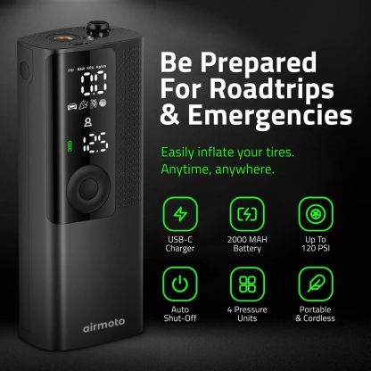 ire Inflator Portable Air Compressor - Air Pump For Car Tires with Digital Pressure Gauge, LED Light and Auto Shut-Off Function - Cordless Pump for Car, Motorcycle, Bicycle, Ball