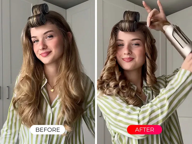 TYMO CURLPRO PLUS ceramic curlers create smooth curls in before and after comparison.