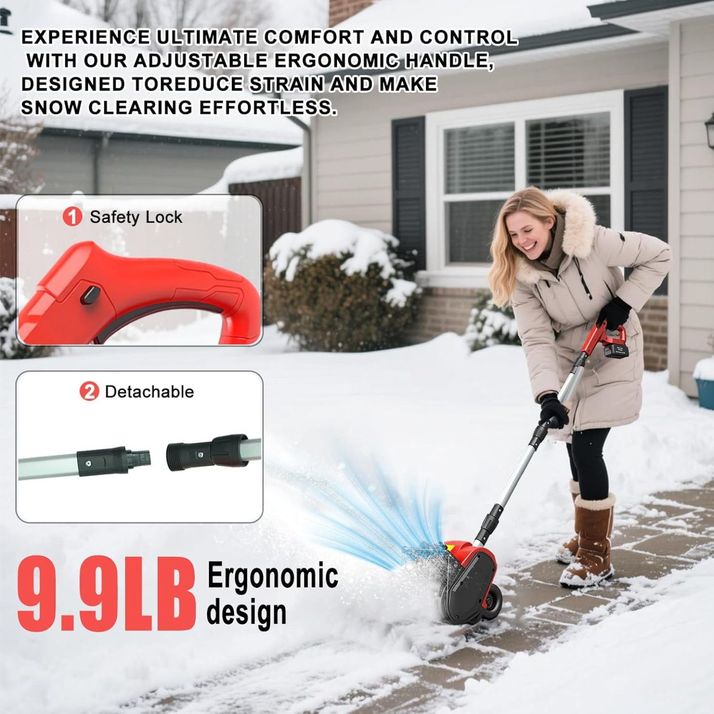 Cordless Snow Shovel, 21V Electric Cordless Snow Blower with Battery and Charger, 19FT Throw Distance, Lightweight 9.9lb for Driveway, Steps, Patio, Sidewalk(Red)