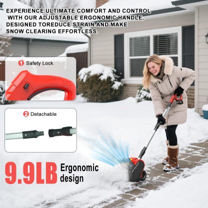 Cordless Snow Shovel, 21V Electric Cordless Snow Blower with Battery and Charger, 19FT Throw Distance, Lightweight 9.9lb for Driveway, Steps, Patio, Sidewalk(Red)