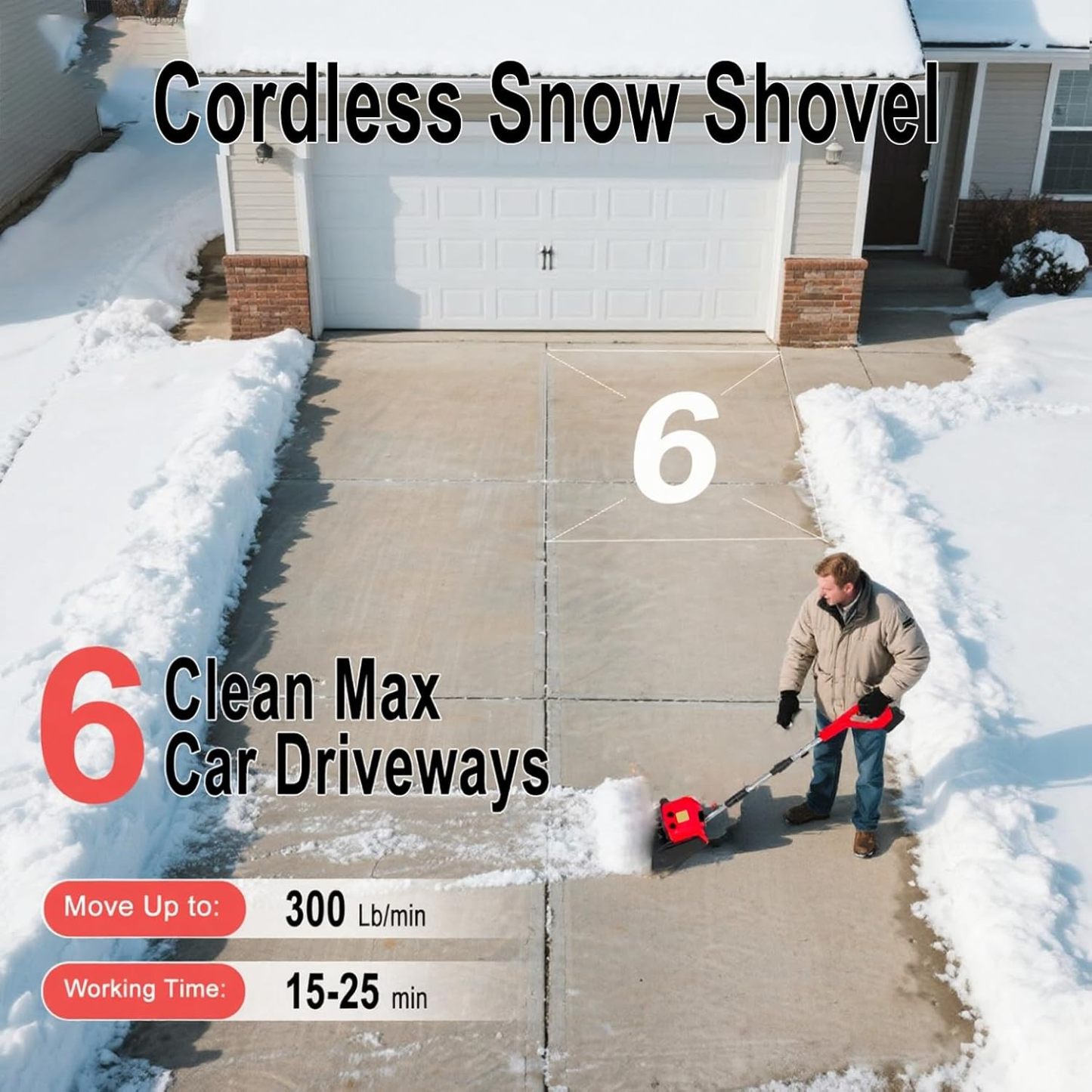 Cordless Snow Shovel, 21V Electric Cordless Snow Blower with Battery and Charger, 19FT Throw Distance, Lightweight 9.9lb for Driveway, Steps, Patio, Sidewalk(Red)