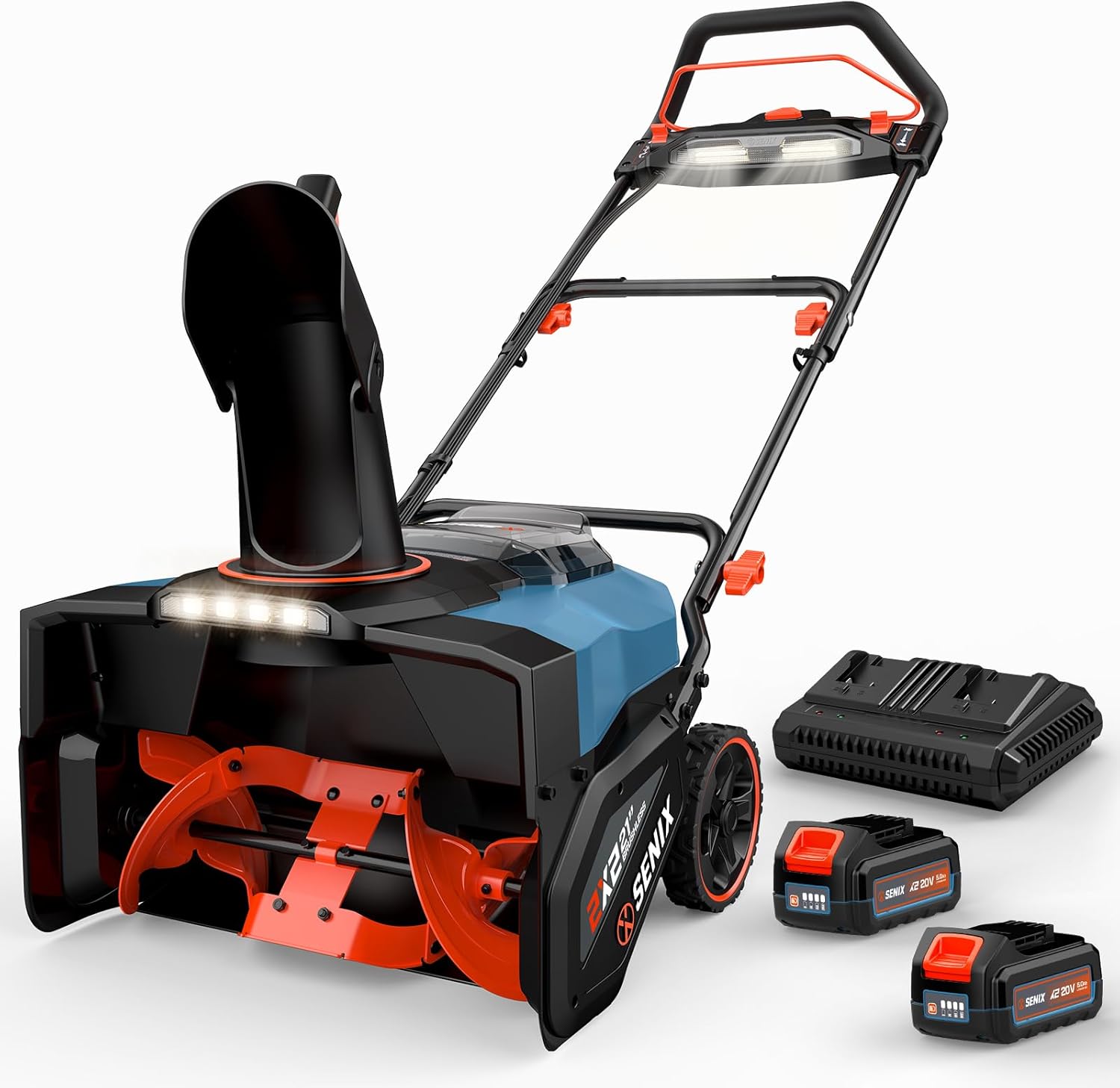 SENIX 2X2 40V Max Cordless Snow Blower with Variable-Speed Steel Auger, 21" Width, 12" Depth, 33ft Max Throw, 1800W Brushless Motor,10000mAh Batteries & LED Lights 680Lbs/Min Snow Capacity(STX2-M1)