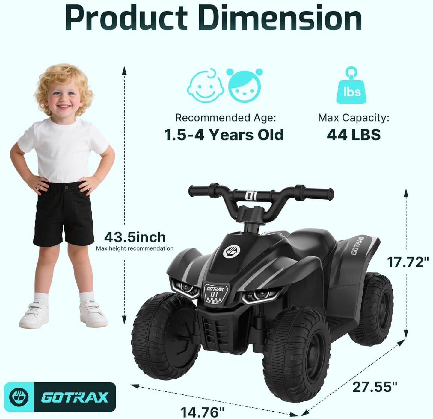 Gotrax RT1 Ride on Toys for Toddlers 1.5-4, Safe 12V Lead-acid Battery up to 80 Minutes, Forward/Reverse 2 Gears, Max 1.5MPH Speed&8" Big Tire, Electric Vehicle ATV Car Best Gift for Age1.5–4 Boy Girl
