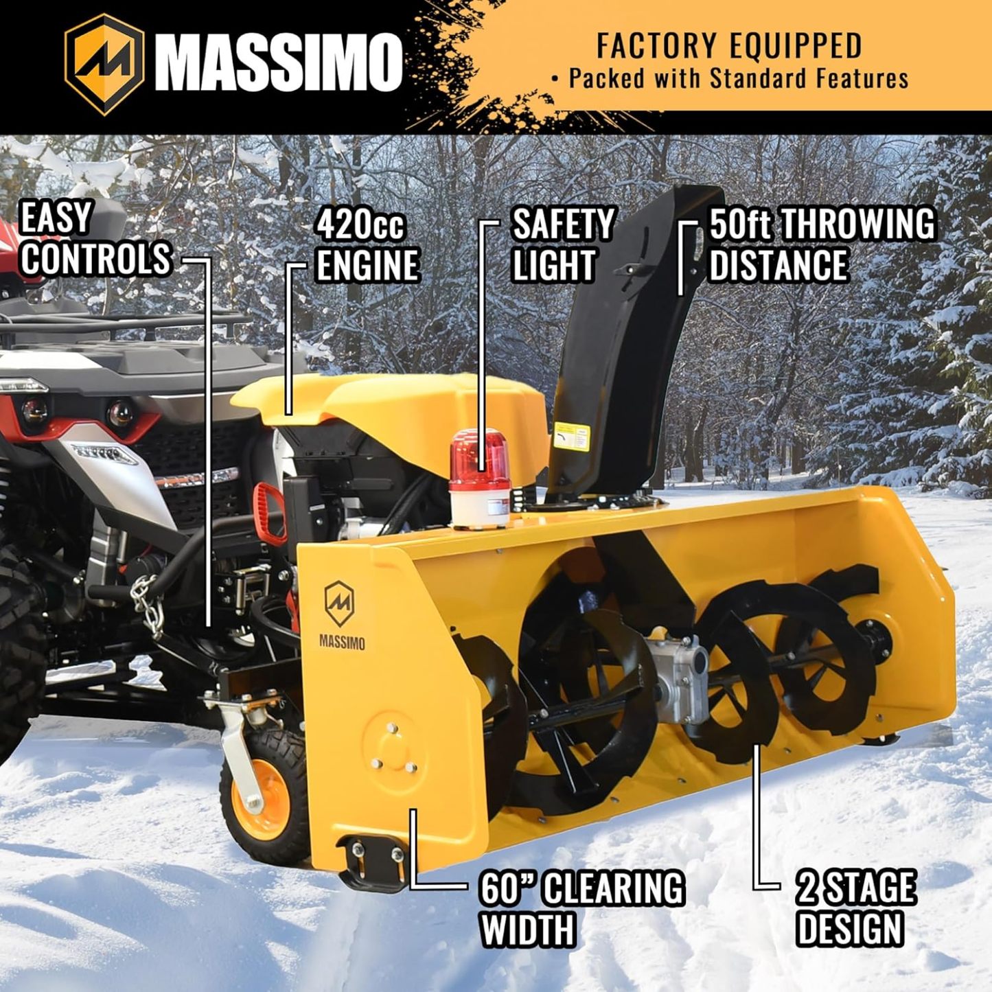 M Massimo Motor 60" Wide 420cc Gas Engine, Electric Start, 2-Stage Self Propelled Snow Blower Attachment (UTV/ATV Not Included)