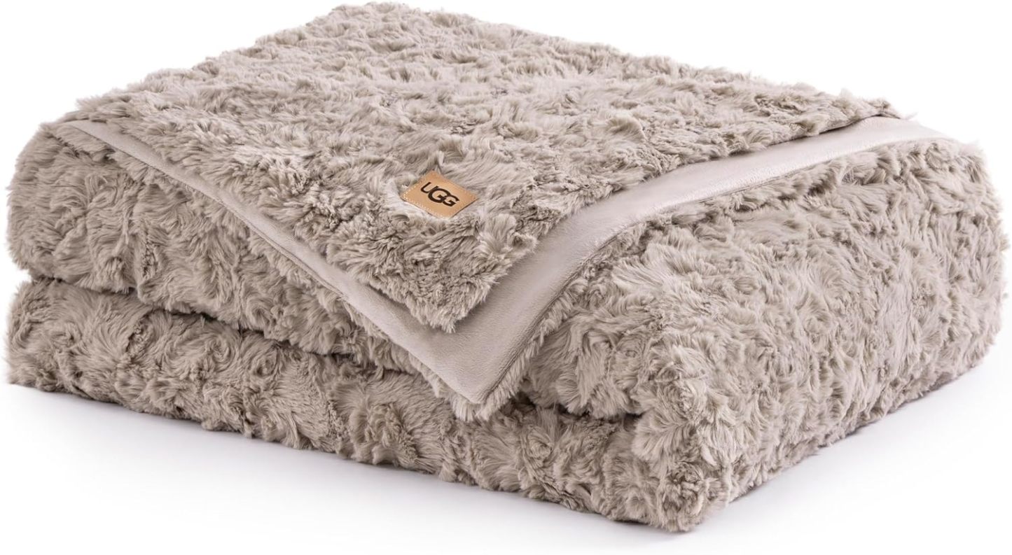 UGG Adalee Faux Fur Throw Blanket Luxury Lightweight Cozy Soft Throw for Couch Bed or Chair Hypoallergenic Machine Washable Double-Sided Fluffy Blanket Home Decor, 50-inch x 70-inch, Seal Grey