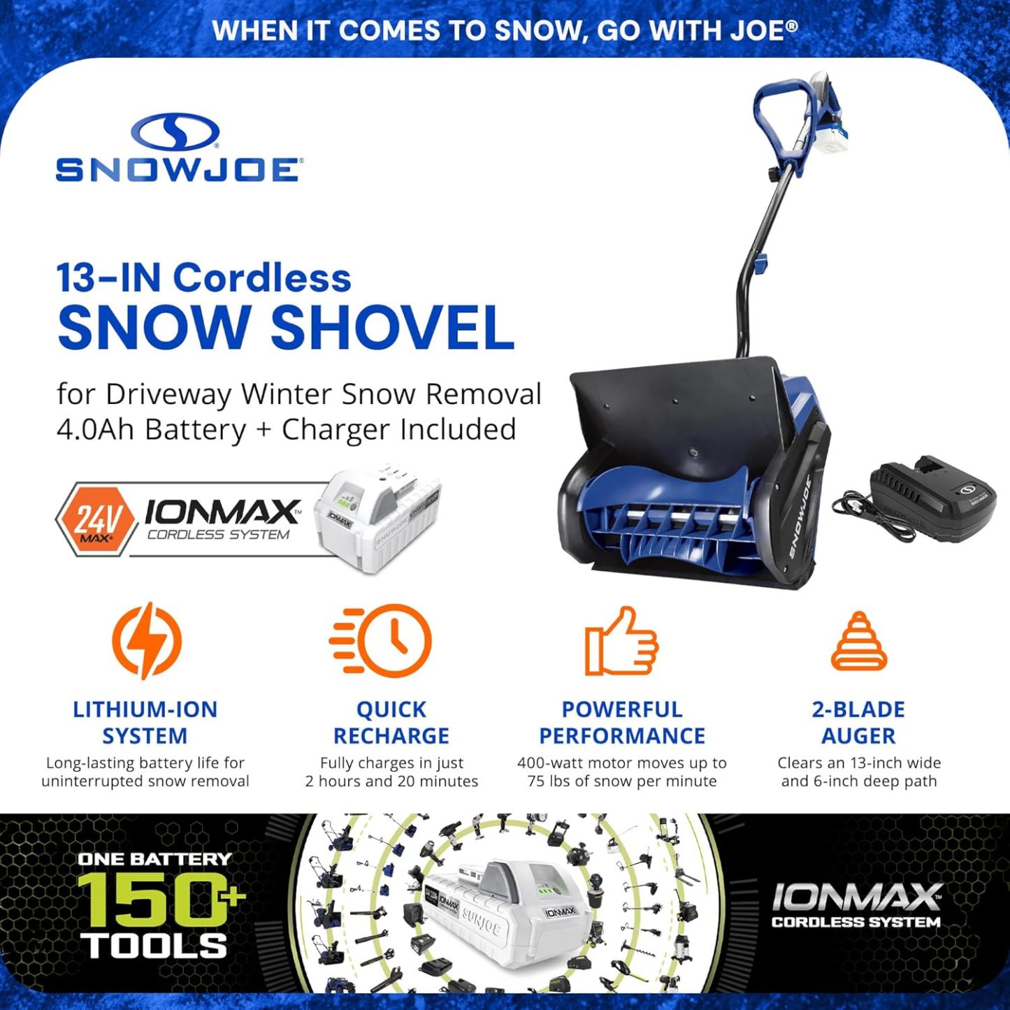 Snow Joe 24V Cordless Electric Snow Shovel Kit w/ Cover & Scraper, 13" Clearing Path, 400W Motor - Heavy-Duty Snow & Ice Removal for Driveway & Walkway, 24V-SS13-TV1