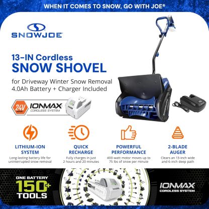 Snow Joe 24V Cordless Electric Snow Shovel Kit w/ Cover & Scraper, 13" Clearing Path, 400W Motor - Heavy-Duty Snow & Ice Removal for Driveway & Walkway, 24V-SS13-TV1
