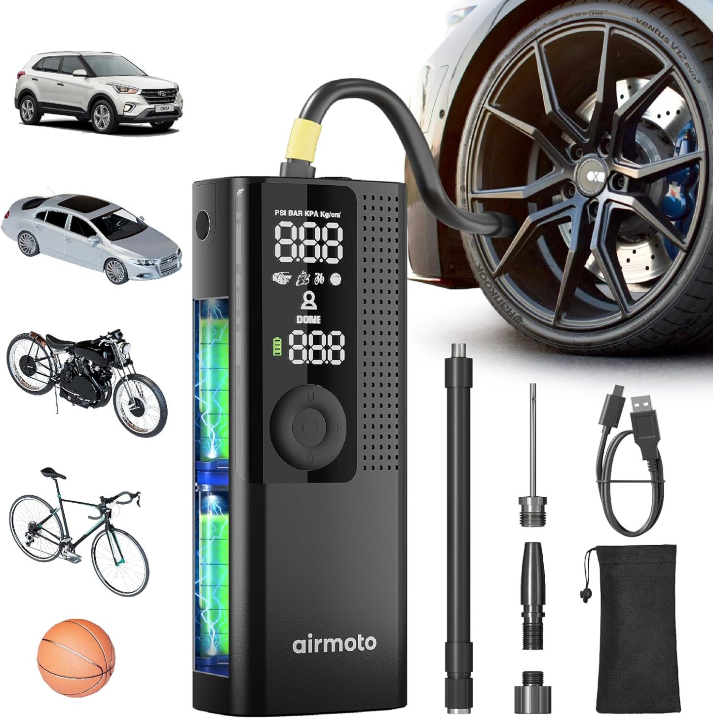 ire Inflator Portable Air Compressor - Air Pump For Car Tires with Digital Pressure Gauge, LED Light and Auto Shut-Off Function - Cordless Pump for Car, Motorcycle, Bicycle, Ball