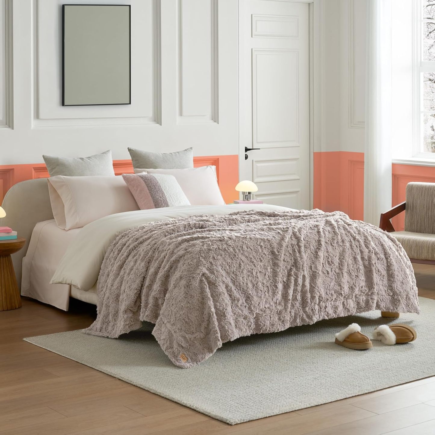 UGG Adalee Faux Fur Throw Blanket Luxury Lightweight Cozy Soft Throw for Couch Bed or Chair Hypoallergenic Machine Washable Double-Sided Fluffy Blanket Home Decor, 50-inch x 70-inch, Seal Grey